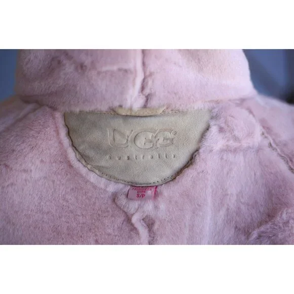 UGG Pink Baby Suede Shearling Fur Bomber Zipper Hood Jacket Size